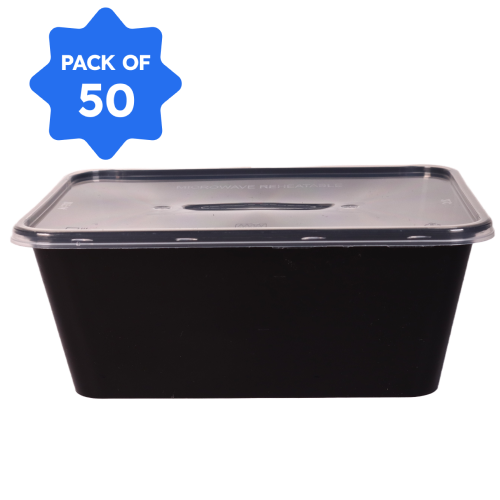 Bhagwati - Rectangle Container 14-1000 ml- Black with Lid - (Pack of 50)