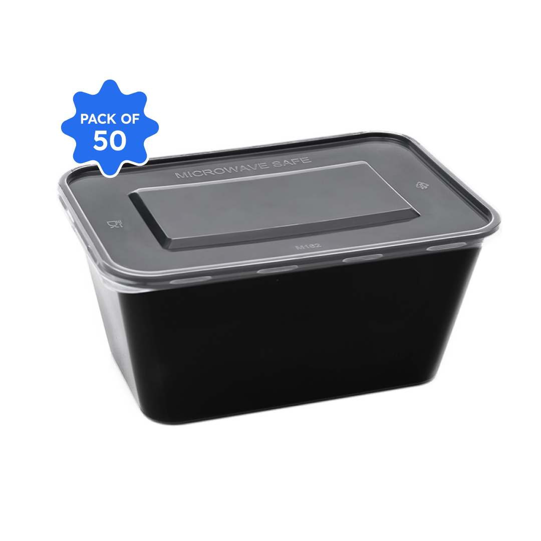 Khushi - Black Rectangle Container with Lid - 1000 ml - (Pack of 50)