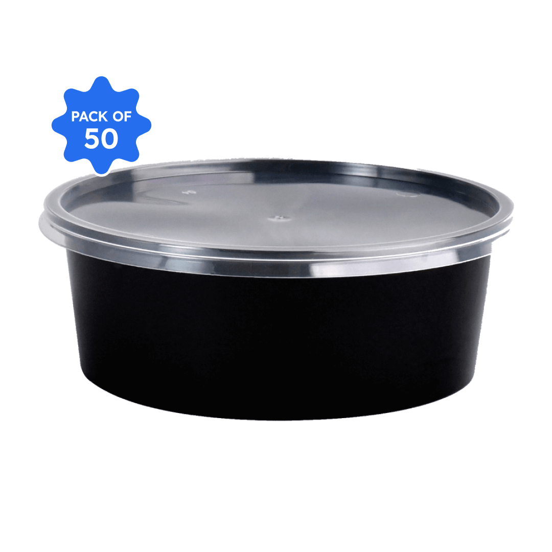 Khushi - Black Round Container with Lid, 300 ml (Pack of 50)