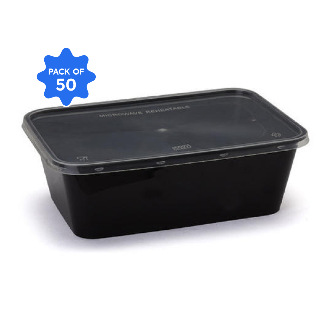 Khushi - Black Rectangle Container with Lid, 500 ml (Pack of 50)