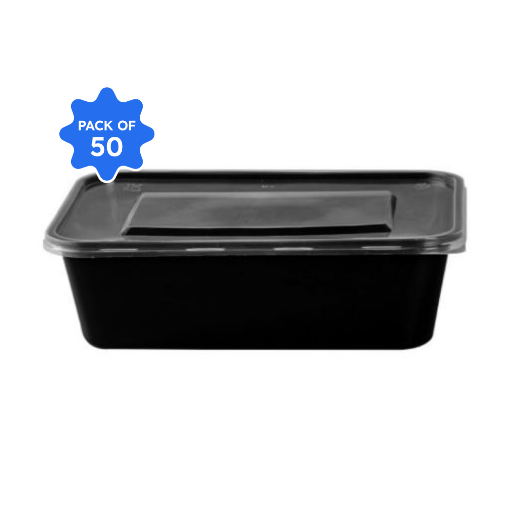 Khushi - Black Rectangle Container with Lid, 650 ml (Pack of 50)