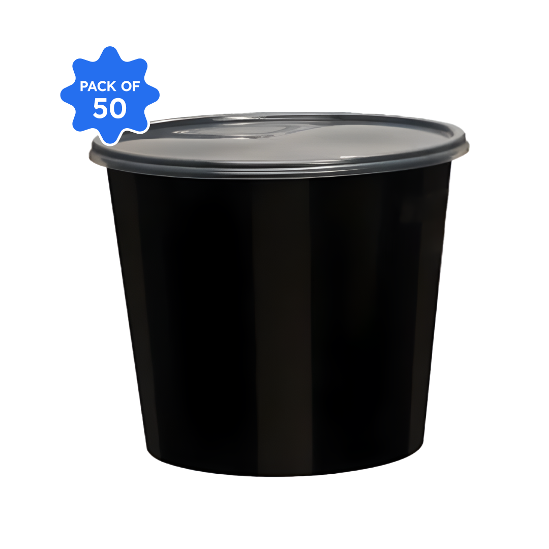 Khushi - Black Round Container with Lid, 750 ml (Pack of 50)
