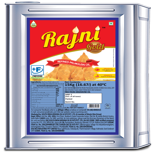 Rajni Gold - Refined Palmolein Oil - 16.66L - 15 KG Tin