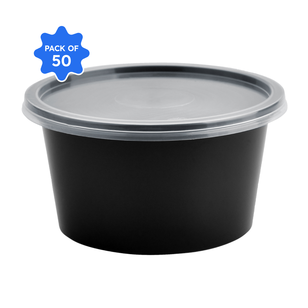 Khushi - Black Round Container with Lid, 500 gm (Pack of 50)