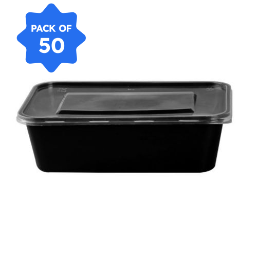 Bhagwati - Rectangle Container 14-650 ml - Black with Lid (Pack of 50)