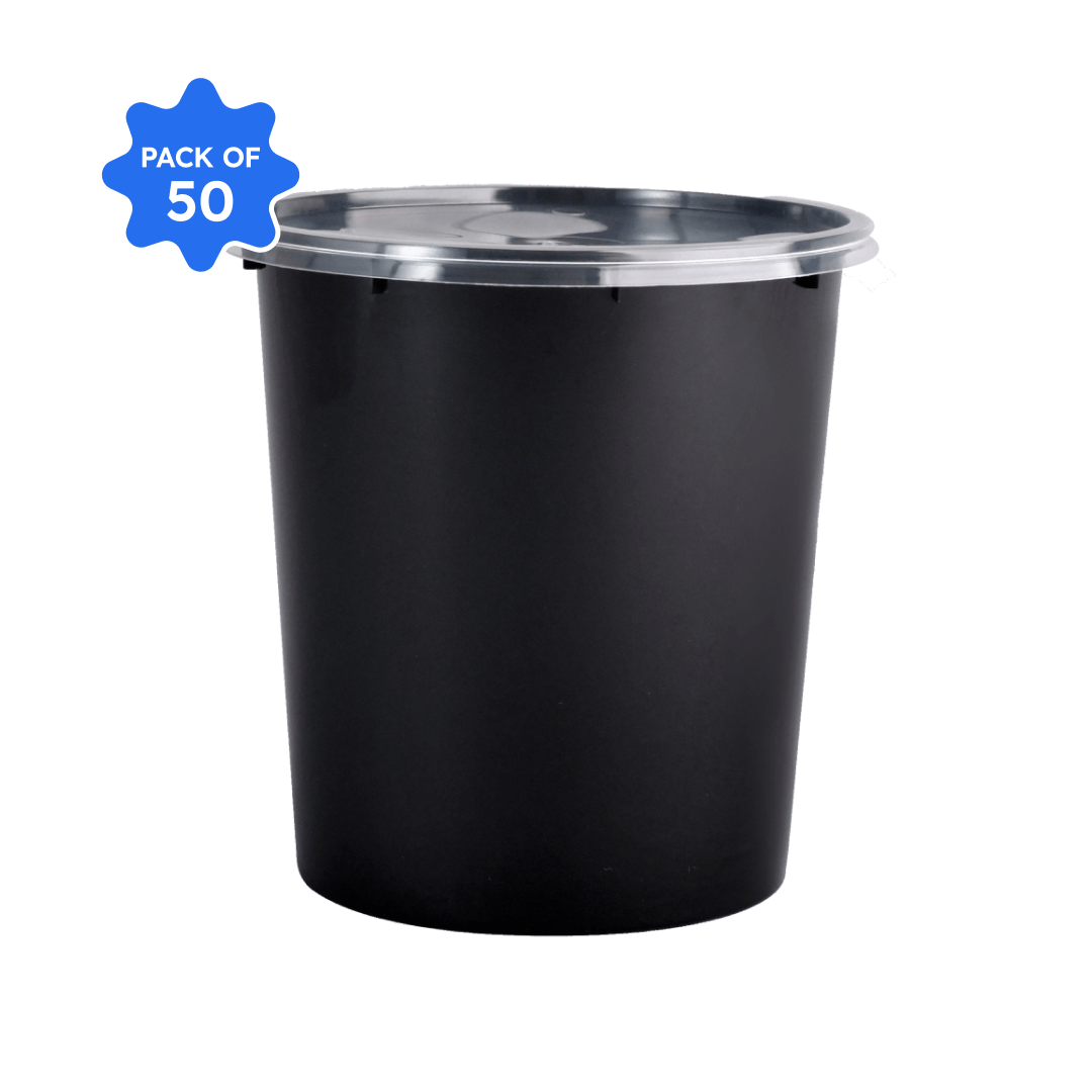 Khushi - Black Round Container with Lid, 1000 ml (Pack of 50)