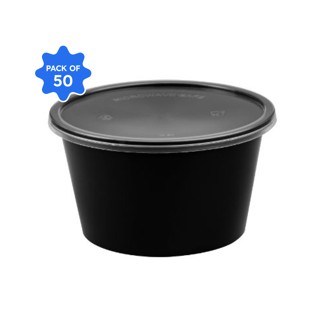 Khushi - Black Round Container with Lid, 500 ml (Pack of 50)